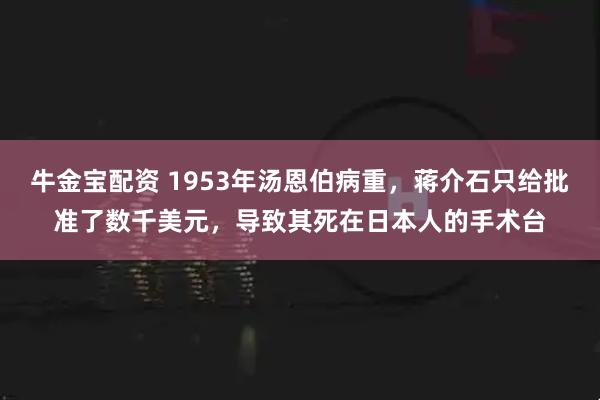 牛金宝配资 1953年汤恩伯病重，蒋介石只给批准了数千美元，导致其死在日本人的手术台